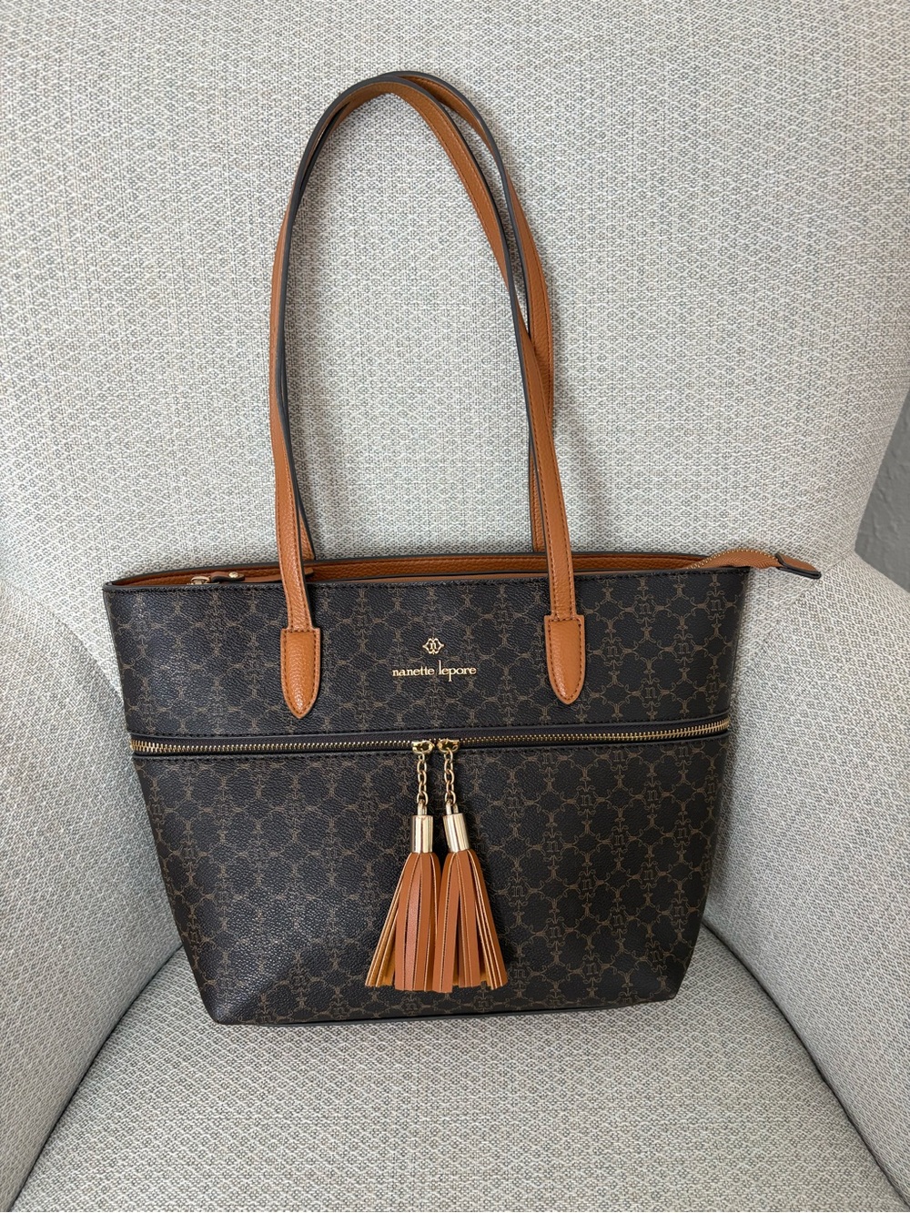 Nanette Lepore Brown Logo-Print Shoulder Bag with Tan Tassels